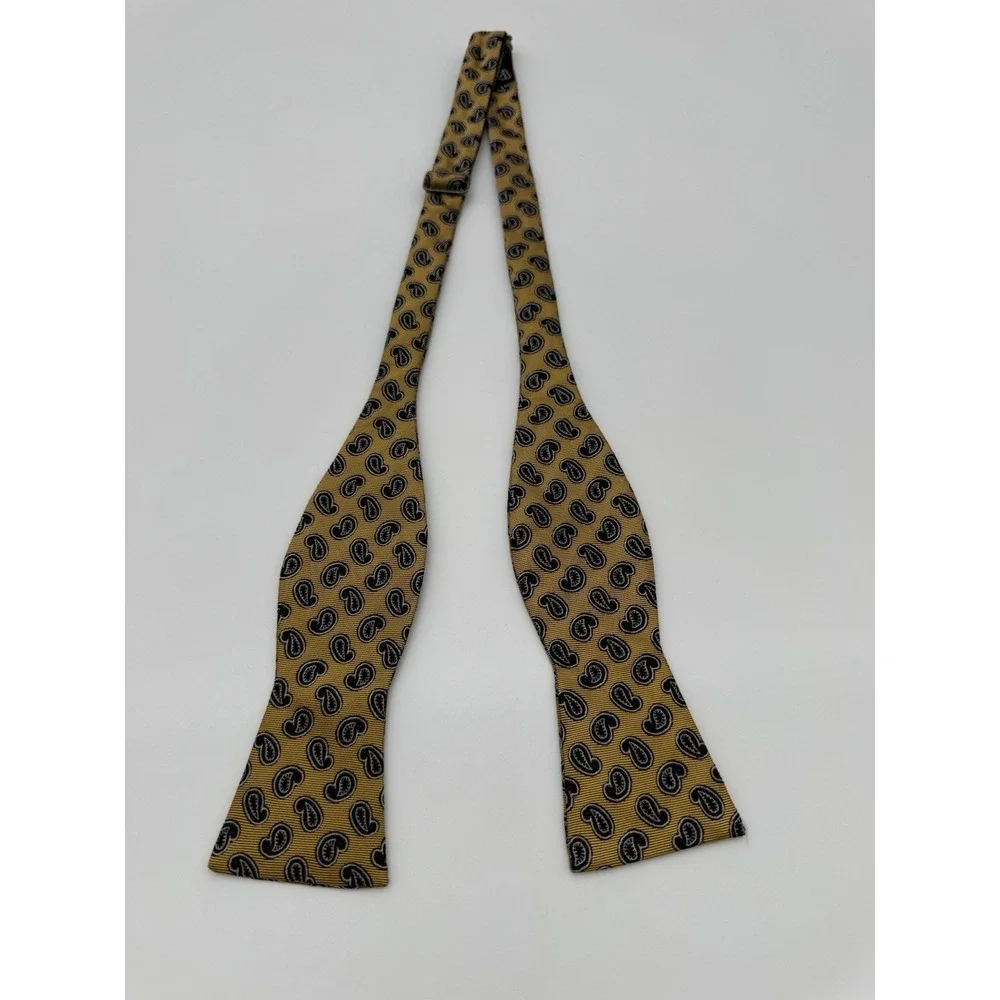 Vintage Silk Self Tie Bow Tie Gold Black Paisley Hand Made USA Adjustable